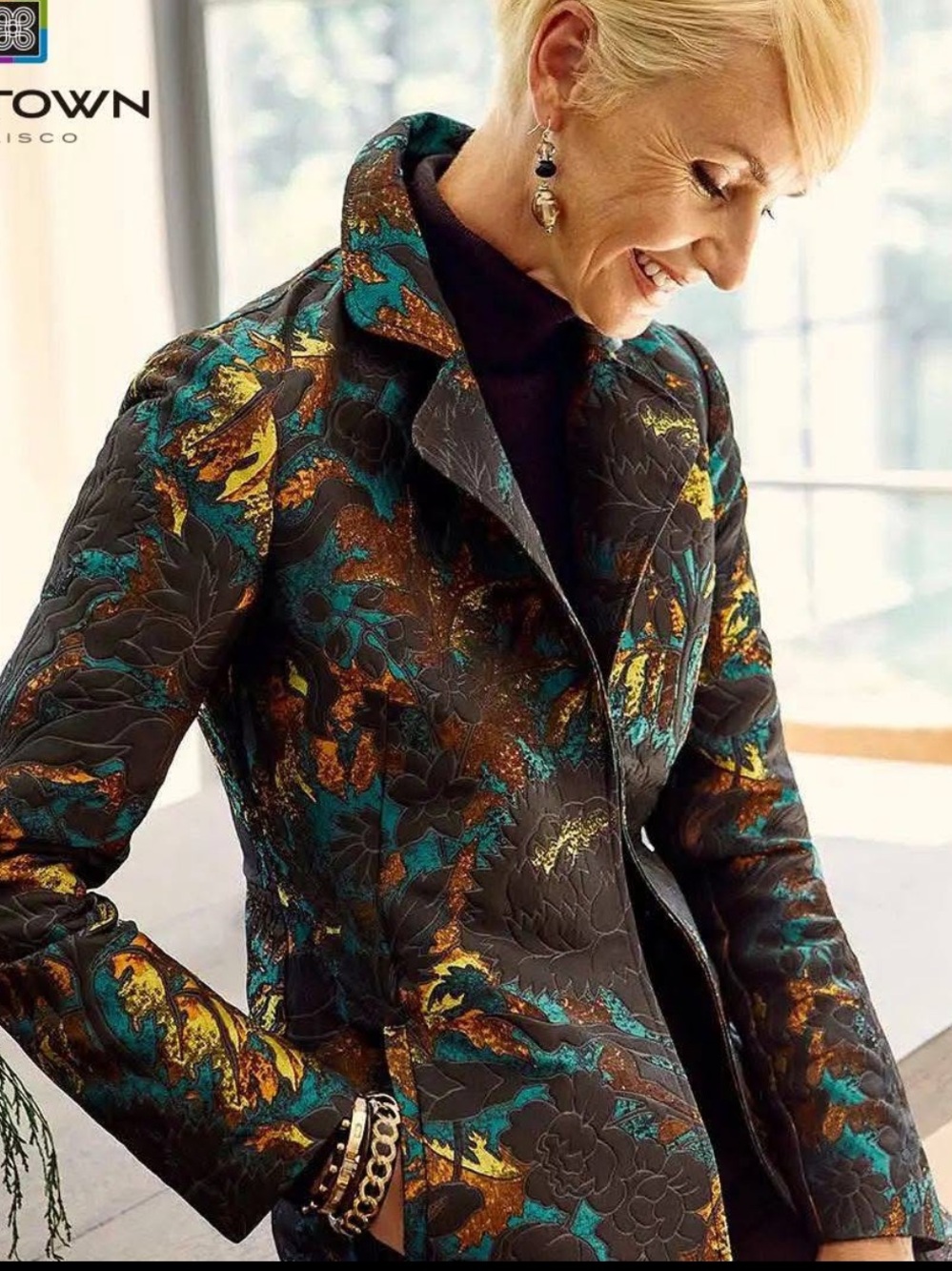 Chico's metallic brocade floral jacket featuring a black base with teal, bronze,